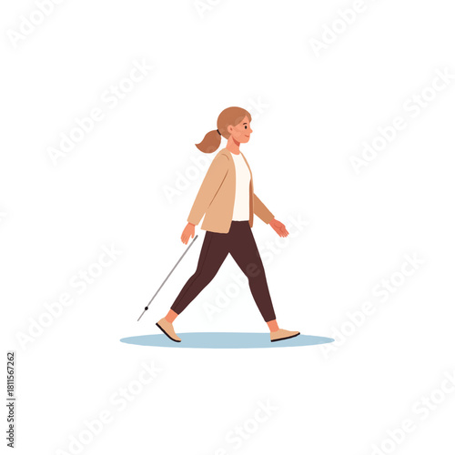 Empowered strides depicting a visually impaired woman skillfully navigating through her daily life