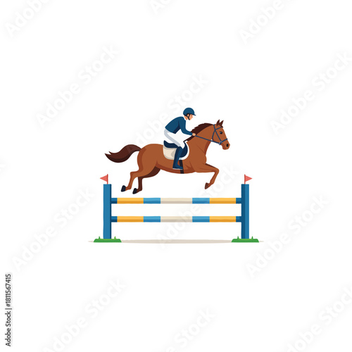 Equestrian sport scene of a horse and rider jumping over an obstacle in a competition activity
