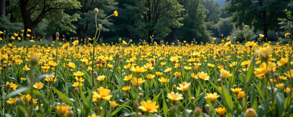Obraz premium A picturesque field of vibrant yellow flowers basking under the warm sun, a true delight to the eyes. The scene is filled with lush greenery and a sense of serenity.