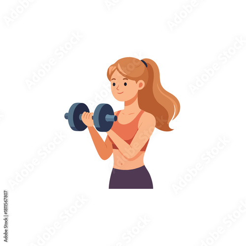 Fitness lifestyle illustration of athletic woman lifting dumbbell weights showcasing strength and