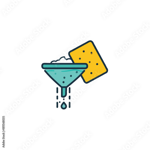 Funnel filtration concept showcasing a fine sieve with powder and geometric patterned object for