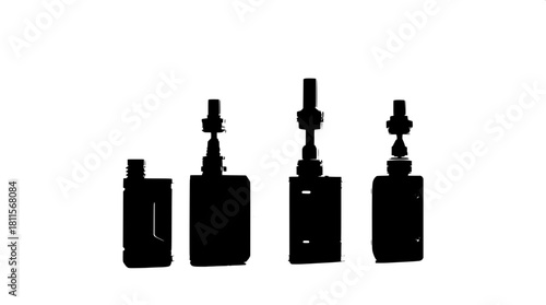 Monochrome silhouette illustration of four electronic vaping devices with distinct shapes and sizes, rendered flat with subtle white detail highlights to accentuate their unique features, arranged sid