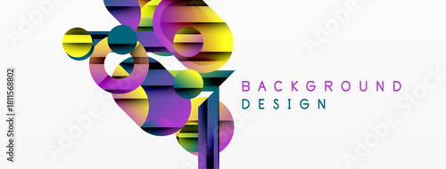 Abstract geometric shapes overlap, creating vibrant colorful design. White background emphasizes dynamic composition. Modern visual element.