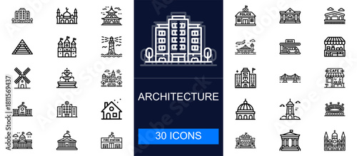 Architecture icon set. Buildings, landmarks, monuments, structures, city elements, houses, bridges, towers, public spaces and more. Thin line vector icons collection for construction and urban design.