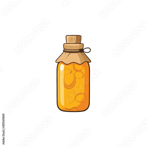 Golden elixir in vintage bottle with cork and cloth wrap displays organic liquid inside glass