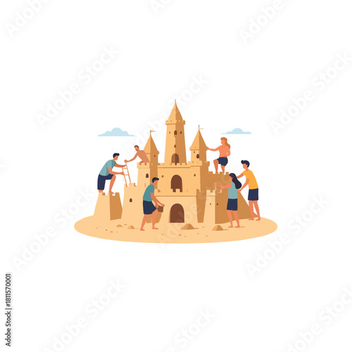 Group of people working together on a tall sandcastle project at a beachfront during summertime