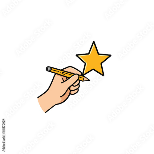 Hand drawing a golden star with a pencil symbolizes success and creative achievements expressing