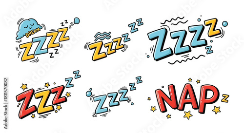 Cartoon sleep bubbles and a nap illustration with stars and clouds