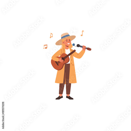 Harmonious street performer with acoustic guitar entertaining passersby in a lively public setting