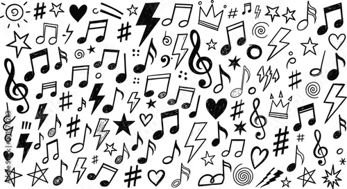 Hand drawn music notes and symbols black and white pattern