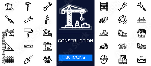 Construction icon set. Tools, machinery, building materials, safety gear, heavy vehicles, engineering, development and more. Thin line vector icons collection for construction and industrial projects.