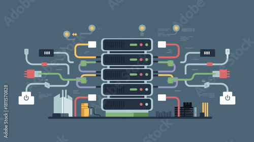 server rack with complex cable connections and network hardware, vector illustration for core infrastructure, data center connectivity, and IT networking