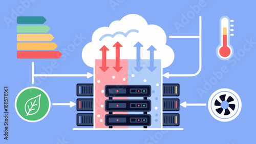 data center cooling system with energy efficiency and temperature icons, vector illustration for server cooling, sustainable data management, and green IT