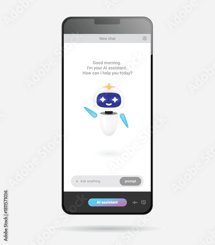 AI agent character inside a mobile interface mockup. Clean minimal layout with a friendly digital assistant, welcome message and soft floating shadow. Modern UI concept with a bright intuitive feel.