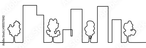 Continuous line drawing of urban high-rise buildings with trees. Minimal linear vector illustration, isolated on transparent background, representing green city and eco concept