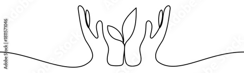 Continuous line drawing of human hands holding a plant sprout. Minimal linear vector illustration, isolated on transparent background, representing eco and growth concept