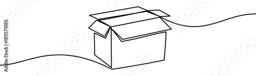 Continuous line vector illustration of an open cardboard box. Minimal linear design, isolated on transparent background, eco packaging, sustainable and green concept