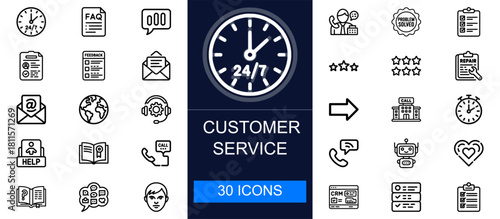 Customer service icon set. Support, communication, helpdesk, feedback, solutions, CRM, satisfaction, hotline, chat and more. Thin line vector icons collection for service, business and client support.