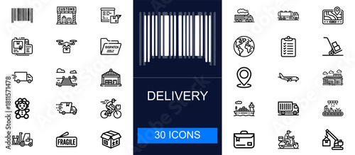 Delivery icon set. Shipping, logistics, parcels, courier, tracking, dispatch, freight, warehouse, transport and more. Thin line vector icons collection for ecommerce, logistics and distribution servic