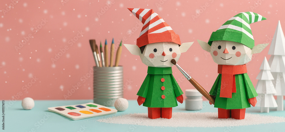 Fototapeta premium Two papercraft elves standing on snowy surface with paintbrush, watercolor palette and brushes on pastel background. Papercraft illustration. Christmas holiday. Winter craft and workshop concept. 