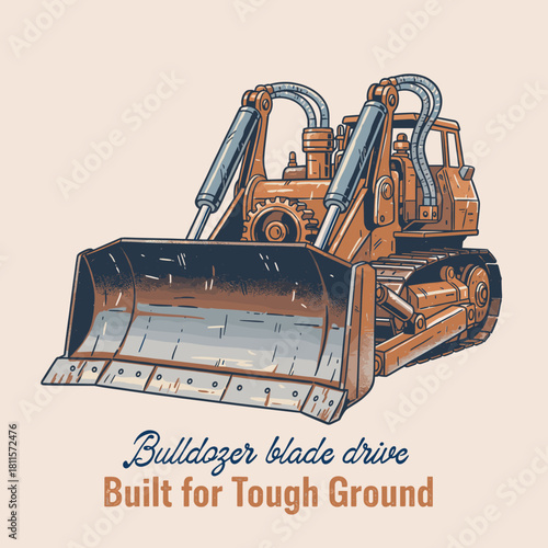 Vintage Bulldozer Illustration.Retro Construction Machine Art.Heavy Equipment Vector Graphic.Tractor Digger T-shirt Design.Distressed Earthmover Badge