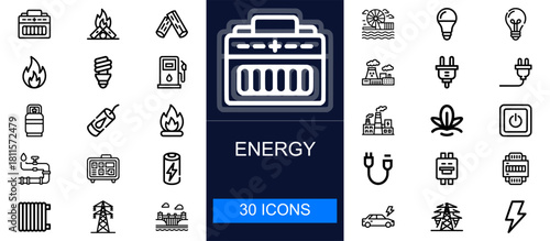 Energy icon set. Power generation, electricity, fuel, renewable sources, batteries, utilities, lighting, infrastructure and more. Thin line vector icons collection for industrial and energy sectors.
