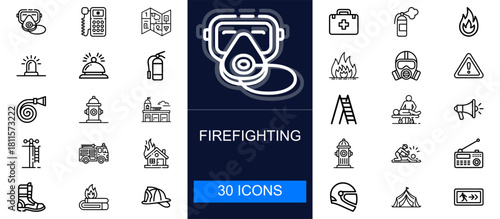 Firefighting icon set. Emergency response, rescue tools, fire safety, alarms, hydrants, extinguishers, equipment, protection gear and more. Thin line vector icons for safety, rescue and firefighting s