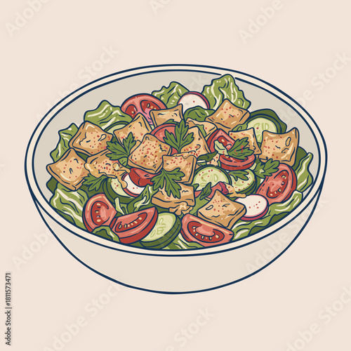 Fresh Fattoush Salad Bowl.Hand Drawn Salad Illustration.Healthy Mezze Appetizer.Traditional Lebanese Food.Vector Kitchen Graphic