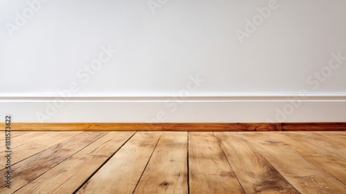 Minimalistic interior space with light-hued wooden floor and empty white wall,