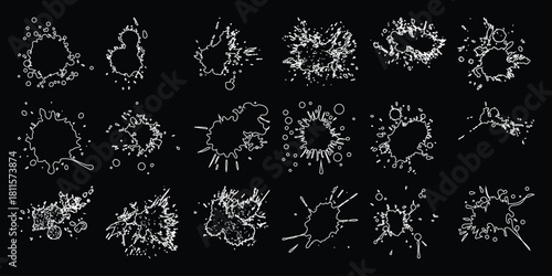 Versatile Set of Abstract White Splatter and Ink Blot Shapes, Perfect for Graphic Design and Artistic Overlays on a Dark Canvas