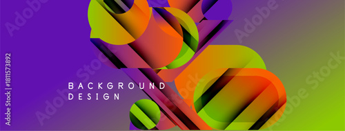 Abstract vibrant design features layered shapes, gradients. Purple background complements bold colors, creating dynamic visual impact. Text reads background design.