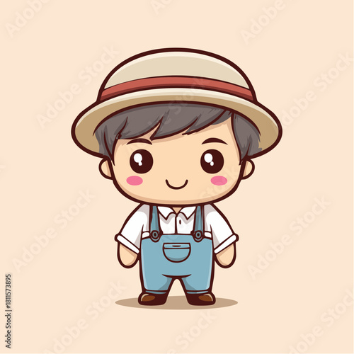 Cute little boy cartoon character wearing overalls and hat, a charming illustration representing childhood innocence and simple fun