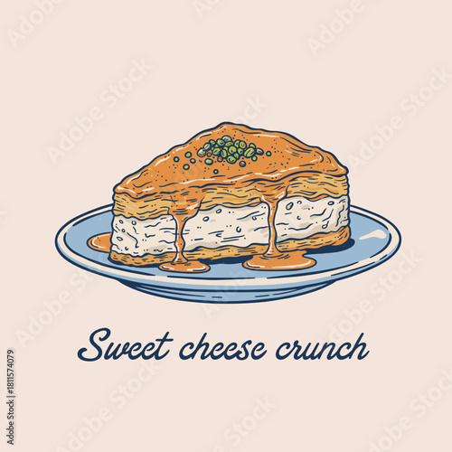 Sweet Cheese Crunch Illustration.Hand Drawn Middle Eastern Dessert.Vintage Style Kunafa Art.Plate of Delicious Pastry.Syrup Drizzled Sweet