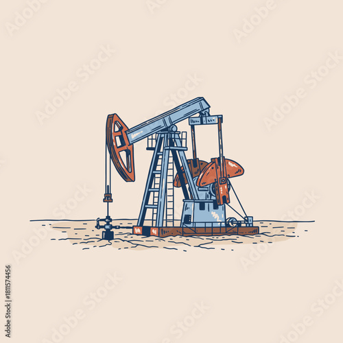 Retro Oil Pump Jack Illustration.Vintage Oil Extraction Rig.Doodle Style Pumpjack Icon.Energy Industry Machinery Art.Hand Drawn Oil Field Equipment