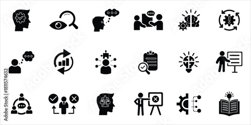 critical thinking icons set. problem, thinking, reasoning, evaluation, argument, problem solving and more. simple solid vector