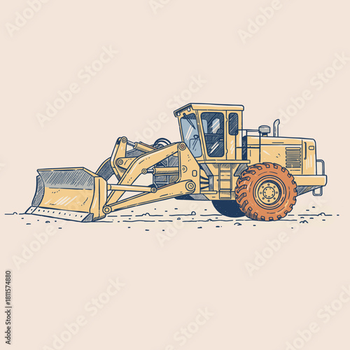 Yellow Wheel Loader Vector.Heavy Construction Machine.Vintage Style Bulldozer Sketch.Earth Moving Equipment Graphic.Retro Front End Loader Art