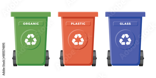 Many garbage cans with sorted garbage. Sorting garbage organic, plastic, and glass. Ecology and recycle concept. 