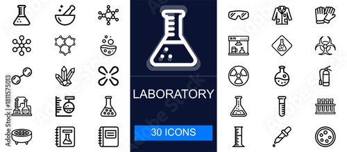 Laboratory icon set. Chemistry, research, molecules, equipment, experiments, safety tools, test tubes, flasks and more. Thin line vector icons for scientific labs, education, analysis and research wor