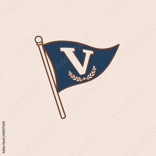 Vintage V Pennant Flag Logo.Retro Collegiate Banner Emblem.Old School Varsity Badge Design.Nautical Burgee Illustration.Classic Letter V College Crest