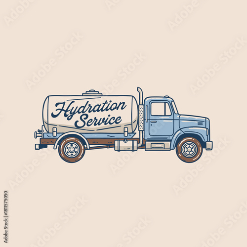 Retro Water Tank Truck Art.Hydration Service Delivery Logo.Vintage Tanker Vehicle Vector.Classic Utility Truck Emblem.Transport Graphic Illustration