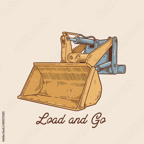 Vintage Loader Bucket Illustration.Heavy Equipment Shovel Graphic.Load and Go Retro Design.Construction Machinery Engraving.Skid Steer Attachment Vect