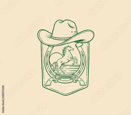 Vintage Western Horse Badge.Cowboy Hat and Guns Emblem.Retro Rodeo Mascot Design.Wild West Line Art Logo.Rearing Horse Horseshoe Shield