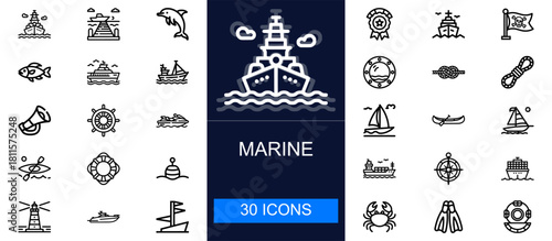 Marine icon set. Ships, navigation, sea life, boating, sailing, safety tools, marine transport and more. Thin line vector icons for ocean travel, maritime industries, fisheries and nautical activities