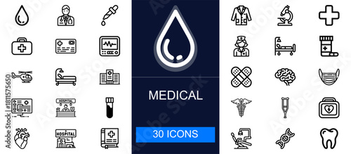 Medical icon set. Healthcare, hospital tools, diagnosis, treatment, equipment, staff, emergency care, medicines and more. Thin line vector icons for clinics, hospitals and medical services.