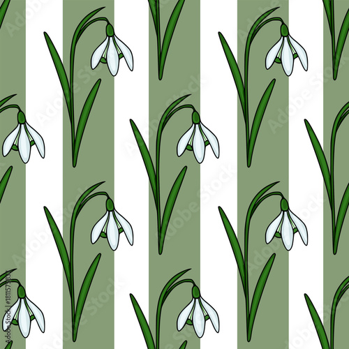 Seamless vector pattern featuring delicate white snowdrops with green stems and leaves, set against a background of alternating pale green and white vertical stripes, evoking a fresh spring aesthetic.