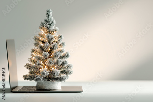 Small Christmas Tree on White Table Beside Laptop