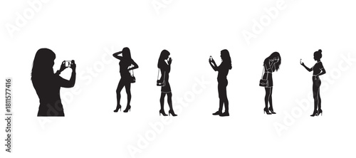 A silhouette drawing of a young woman snapping photos of her girlfriend with her phone. The girl who's posing is in high heels, has a mini purse, and looks a bit shy in front of the camera.
