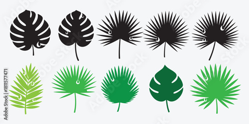 Tropical leaf collection with green foliage and black silhouettes