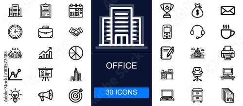 Office icon set. Workplace tools, business meetings, productivity, planning, communication, documents, analytics and more. Thin line vector icons for corporate offices, workflow and business operation