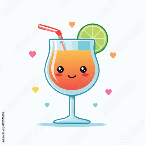 Cute Kawaii Cocktail with Lime and Straw, Adorable Beverage Illustration